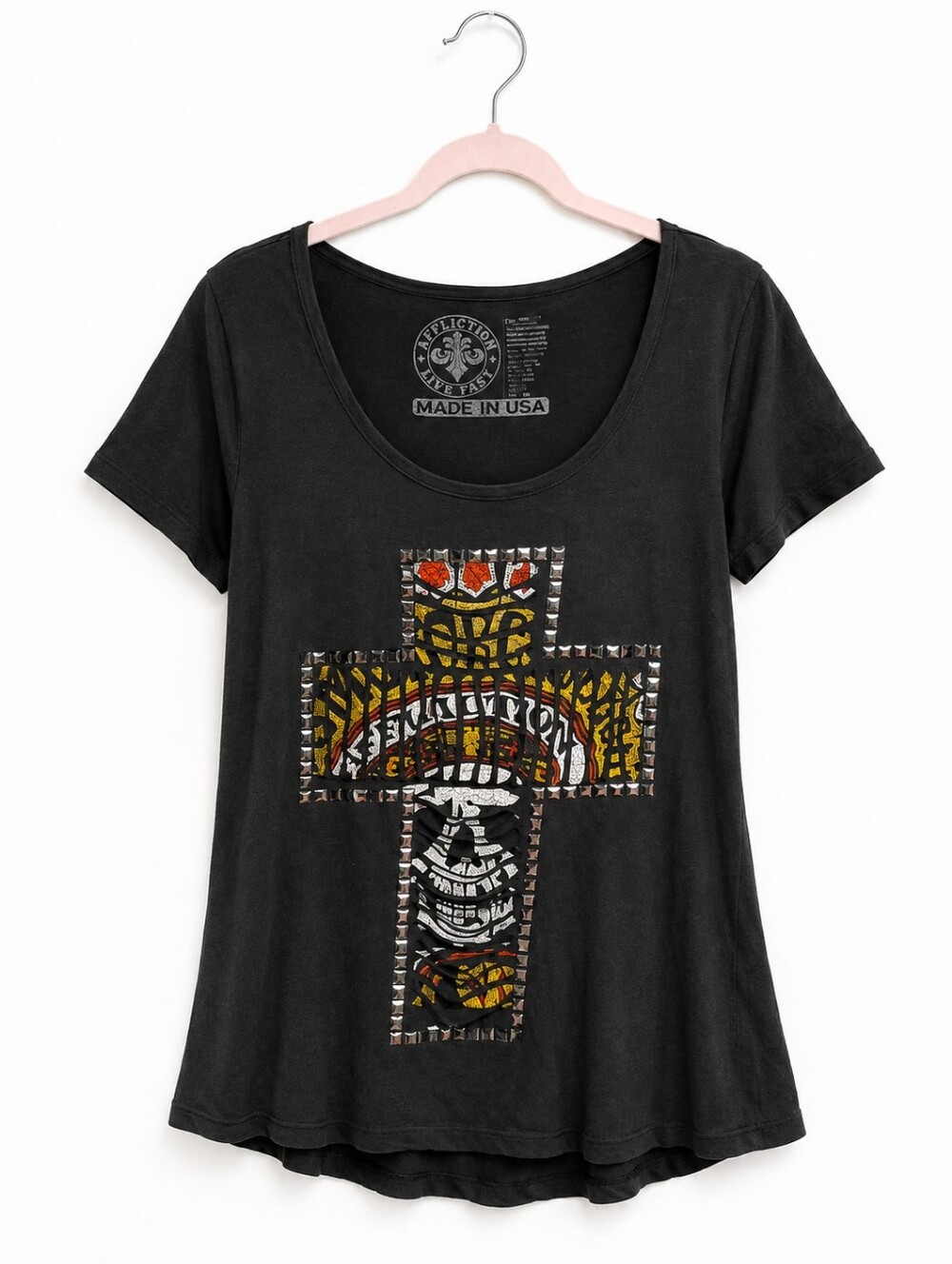 Affliction Black Scoop Neck Tee with Multicolor Cross Graphic